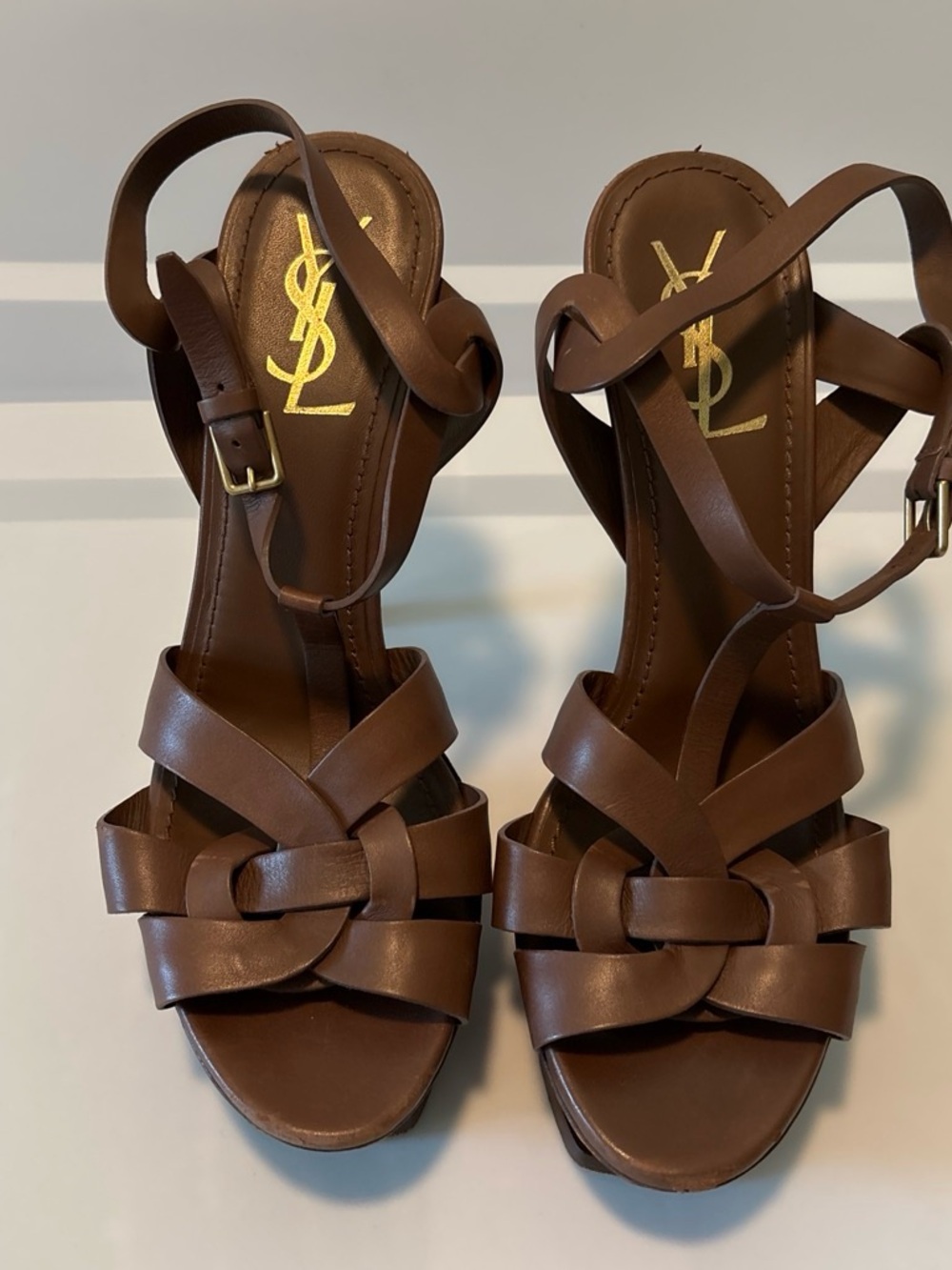Vintage Y2K Yves Saint Laurent Brown Leather Knot-Strap Heeled Sandals